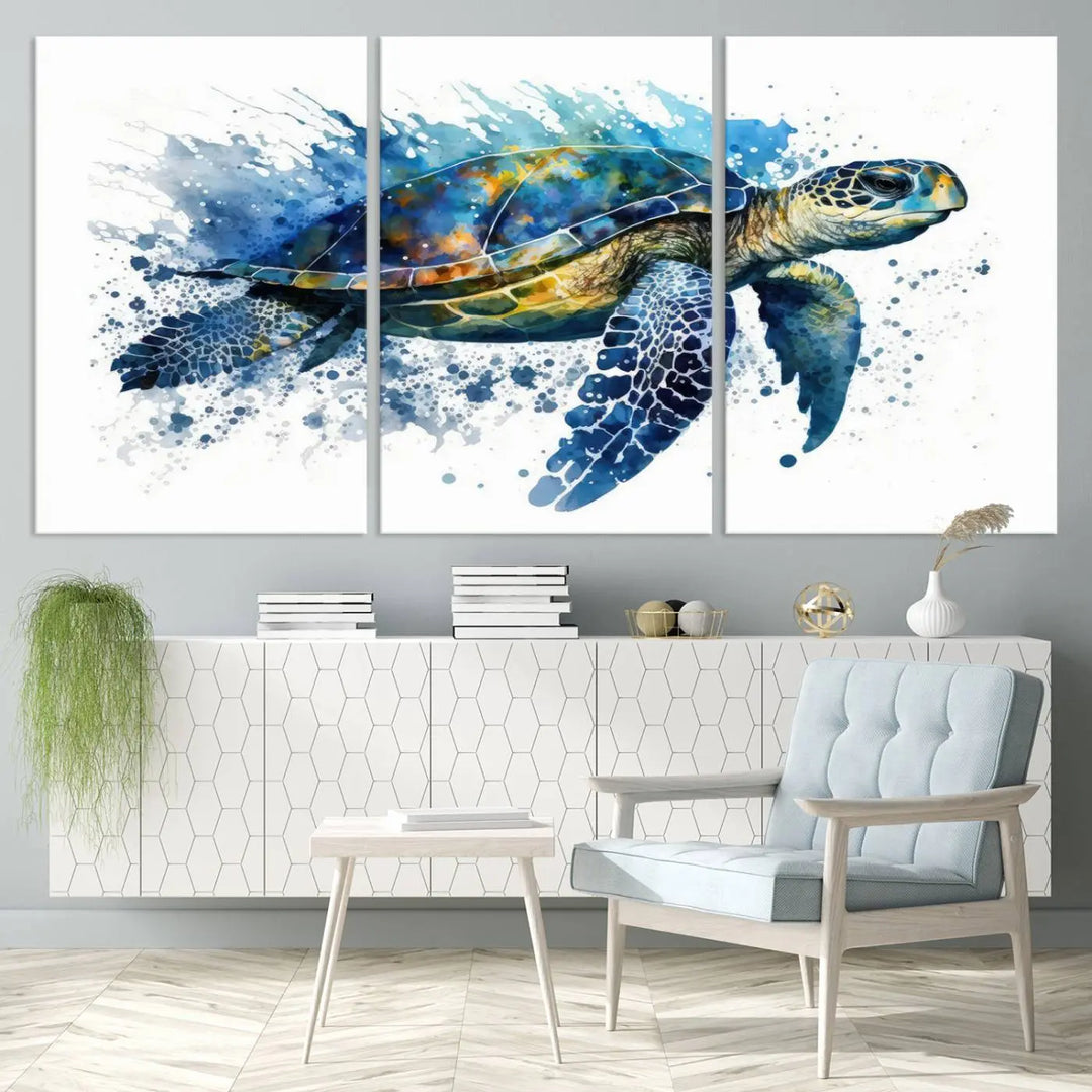 Watercolor Turtle Wall Art Canvas Print features a vibrant sea turtle with splashes of blue and green, expertly printed on museum-quality canvas.