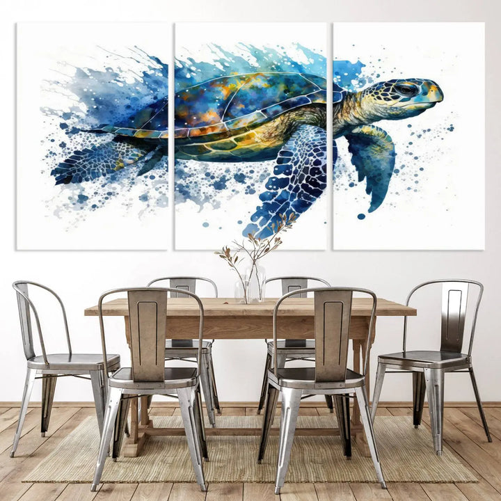 Watercolor Turtle Wall Art Canvas Print features a vibrant sea turtle with splashes of blue and green, expertly printed on museum-quality canvas.