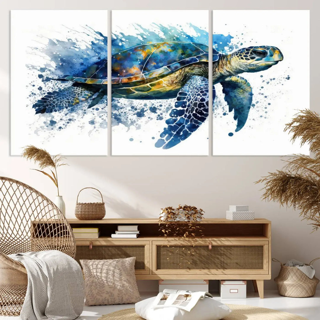 Watercolor Turtle Wall Art Canvas Print features a vibrant sea turtle with splashes of blue and green, expertly printed on museum-quality canvas.