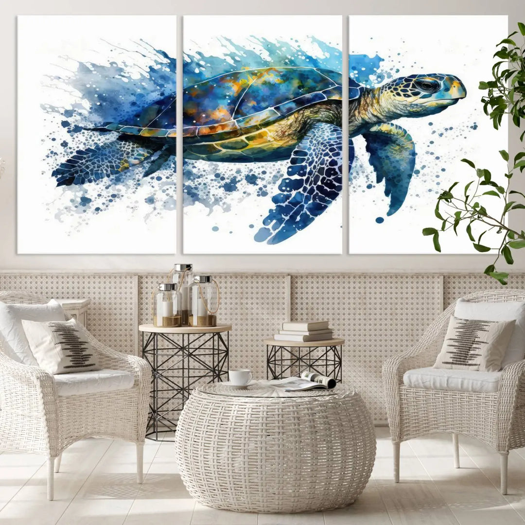 Watercolor Turtle Wall Art Canvas Print features a vibrant sea turtle with splashes of blue and green, expertly printed on museum-quality canvas.