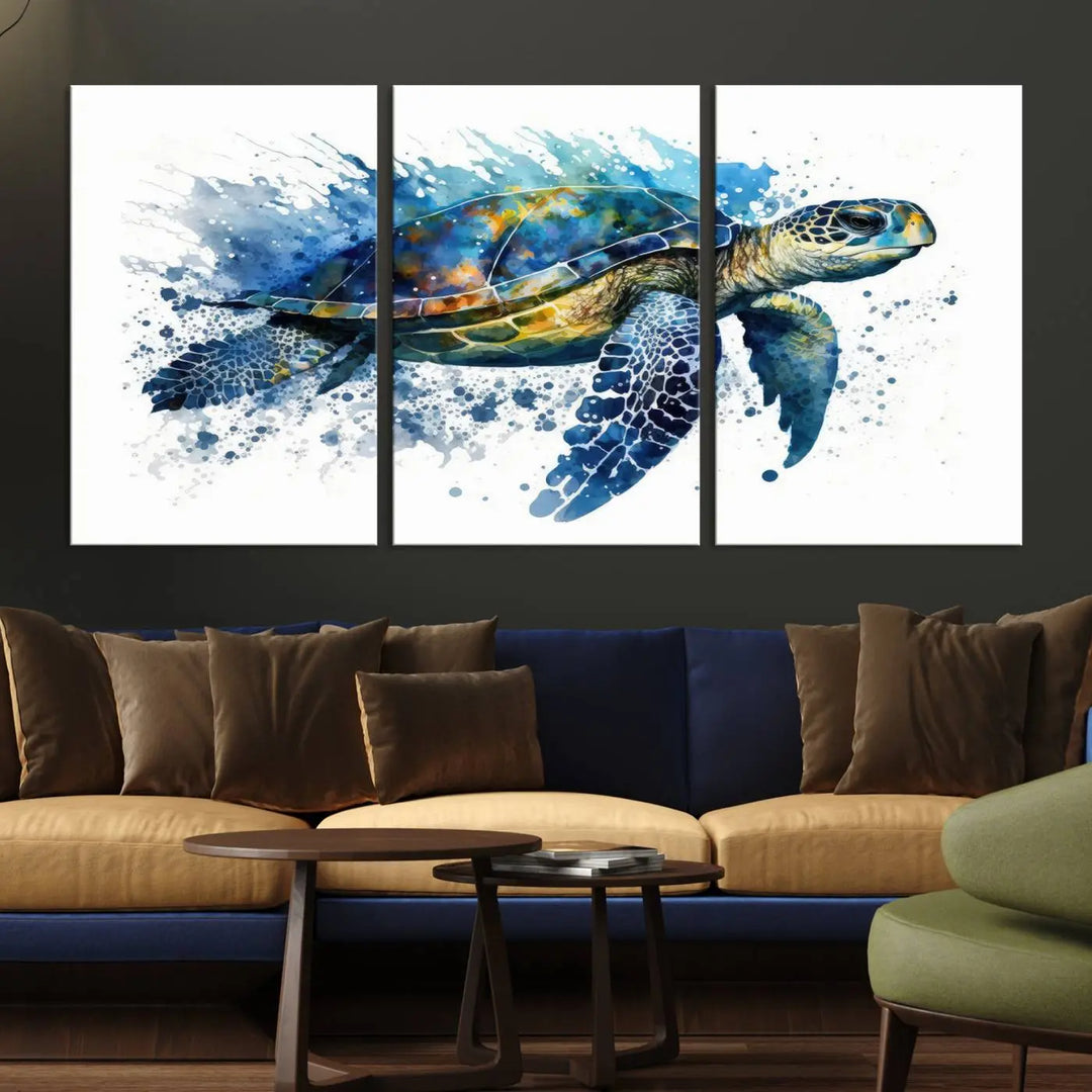 Watercolor Turtle Wall Art Canvas Print features a vibrant sea turtle with splashes of blue and green, expertly printed on museum-quality canvas.