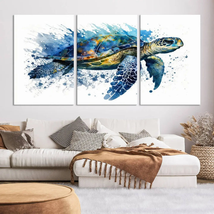 Watercolor Turtle Wall Art Canvas Print features a vibrant sea turtle with splashes of blue and green, expertly printed on museum-quality canvas.