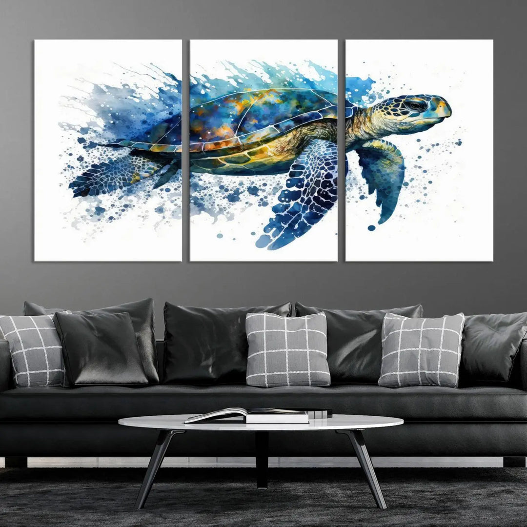 Watercolor Turtle Wall Art Canvas Print features a vibrant sea turtle with splashes of blue and green, expertly printed on museum-quality canvas.