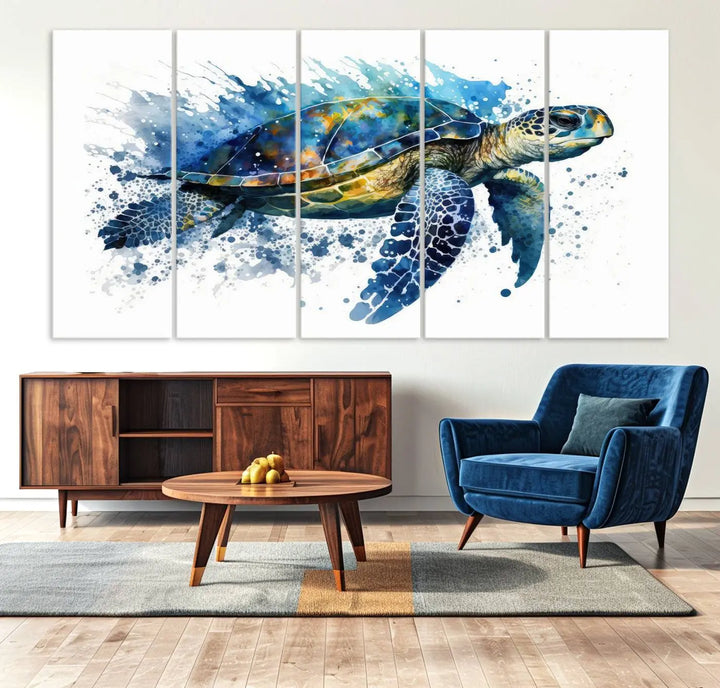 Watercolor Turtle Wall Art Canvas Print features a vibrant sea turtle with splashes of blue and green, expertly printed on museum-quality canvas.