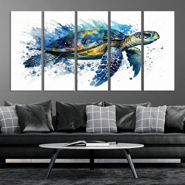 Watercolor Turtle Wall Art Canvas Print features a vibrant sea turtle with splashes of blue and green, expertly printed on museum-quality canvas.