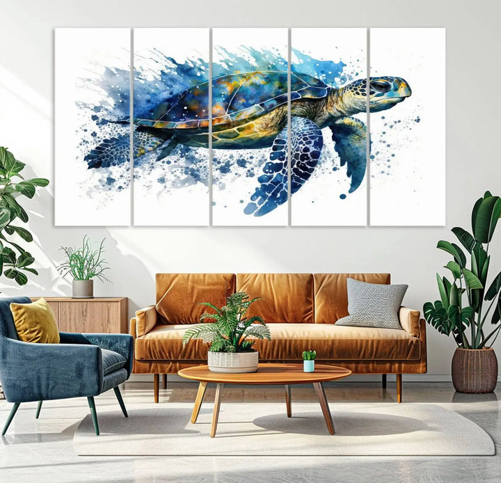 Watercolor Turtle Wall Art Canvas Print features a vibrant sea turtle with splashes of blue and green, expertly printed on museum-quality canvas.