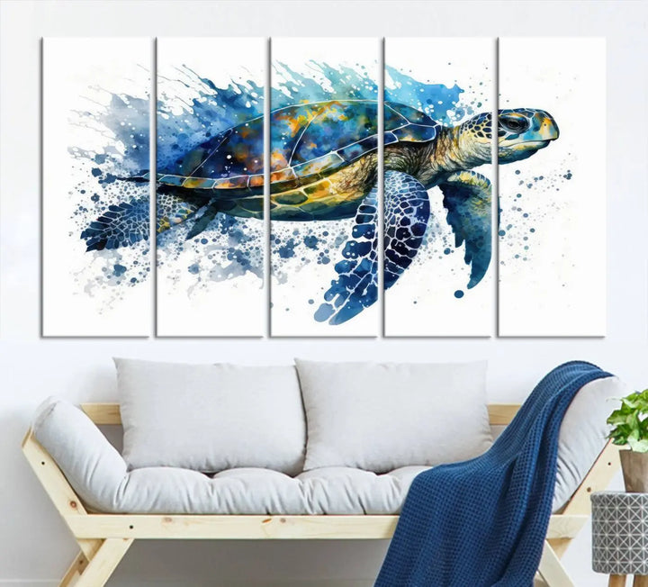 Watercolor Turtle Wall Art Canvas Print features a vibrant sea turtle with splashes of blue and green, expertly printed on museum-quality canvas.