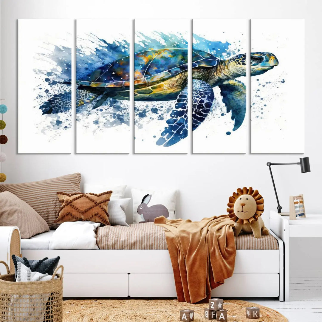 Watercolor Turtle Wall Art Canvas Print features a vibrant sea turtle with splashes of blue and green, expertly printed on museum-quality canvas.