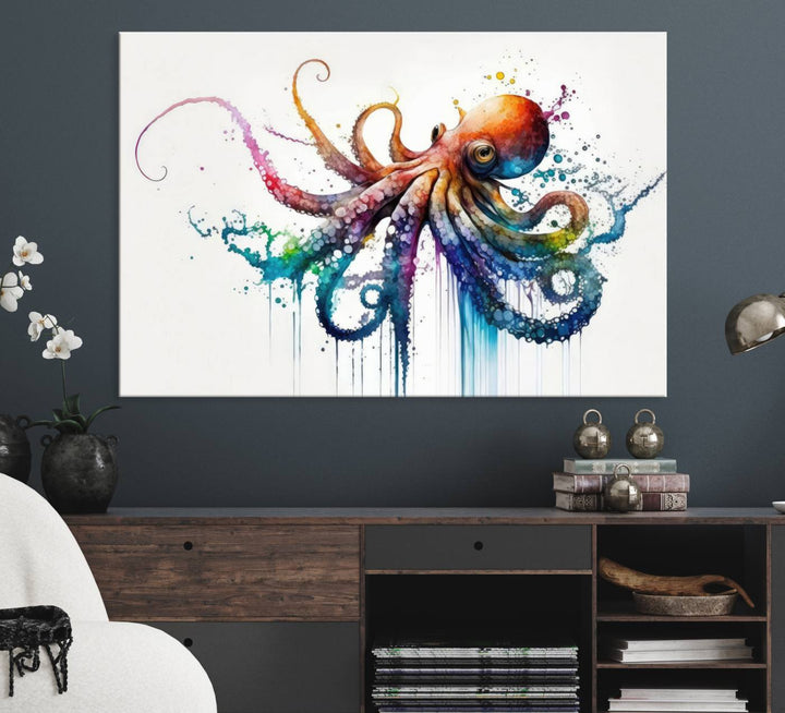 Watercolor Vibrant Octopus Wall Art Canvas Print | Abstract Sea Life Art | Colorful Marine Creature Decor | Ready to Hang