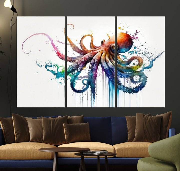 Watercolor Vibrant Octopus Wall Art Canvas Print | Abstract Sea Life Art | Colorful Marine Creature Decor | Ready to Hang