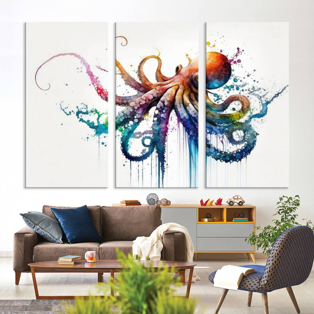 Watercolor Vibrant Octopus Wall Art Canvas Print | Abstract Sea Life Art | Colorful Marine Creature Decor | Ready to Hang