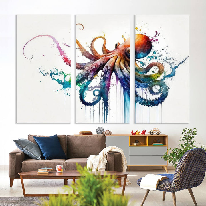 Watercolor Vibrant Octopus Wall Art Canvas Print | Abstract Sea Life Art | Colorful Marine Creature Decor | Ready to Hang
