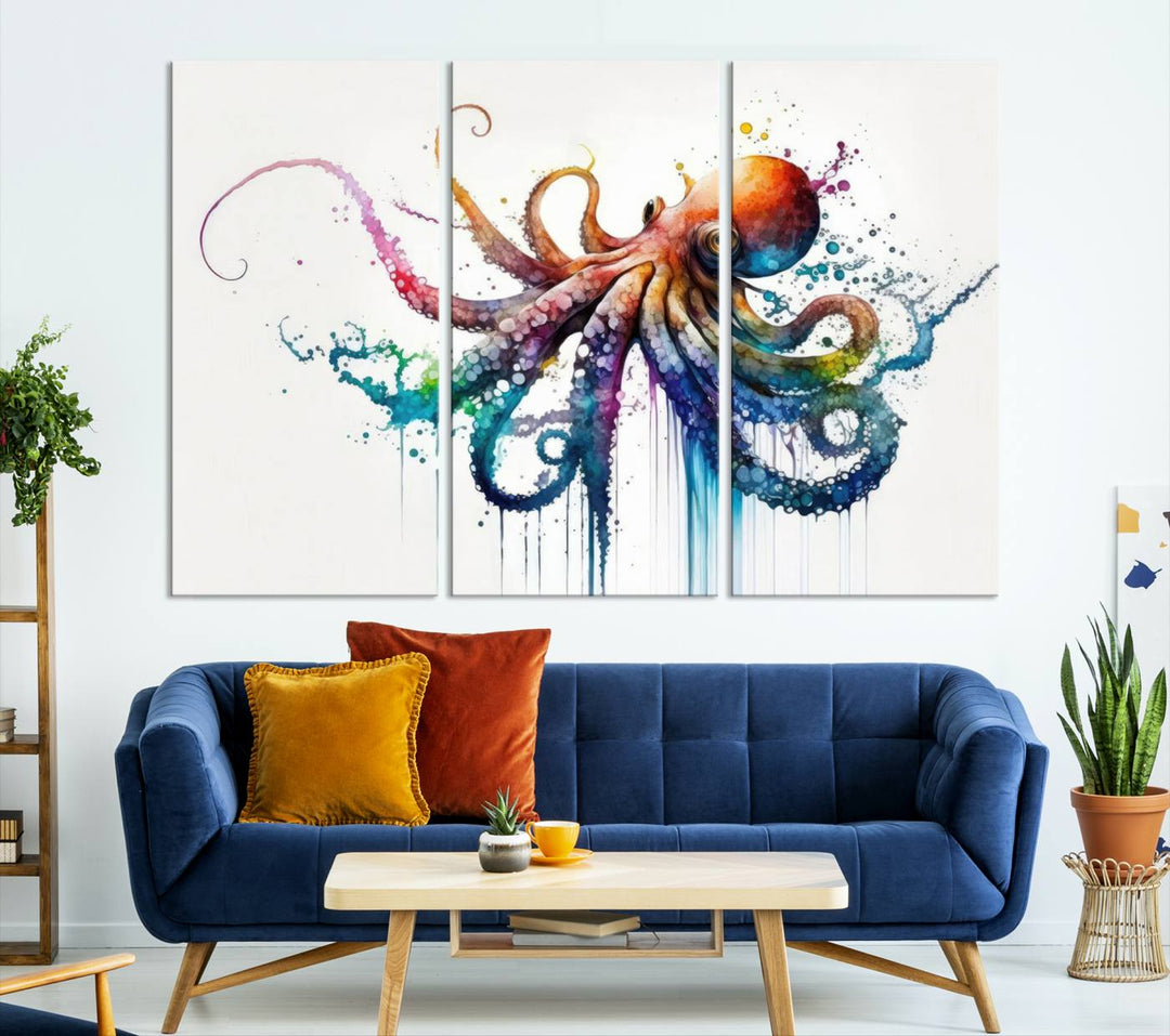 Watercolor Vibrant Octopus Wall Art Canvas Print | Abstract Sea Life Art | Colorful Marine Creature Decor | Ready to Hang