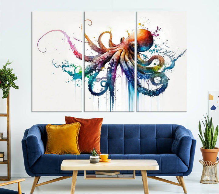 Watercolor Vibrant Octopus Wall Art Canvas Print | Abstract Sea Life Art | Colorful Marine Creature Decor | Ready to Hang