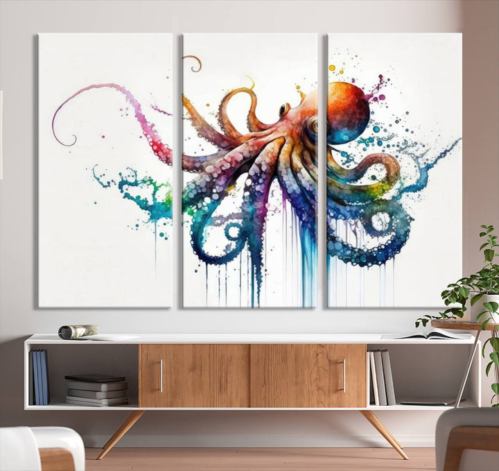 Watercolor Vibrant Octopus Wall Art Canvas Print | Abstract Sea Life Art | Colorful Marine Creature Decor | Ready to Hang
