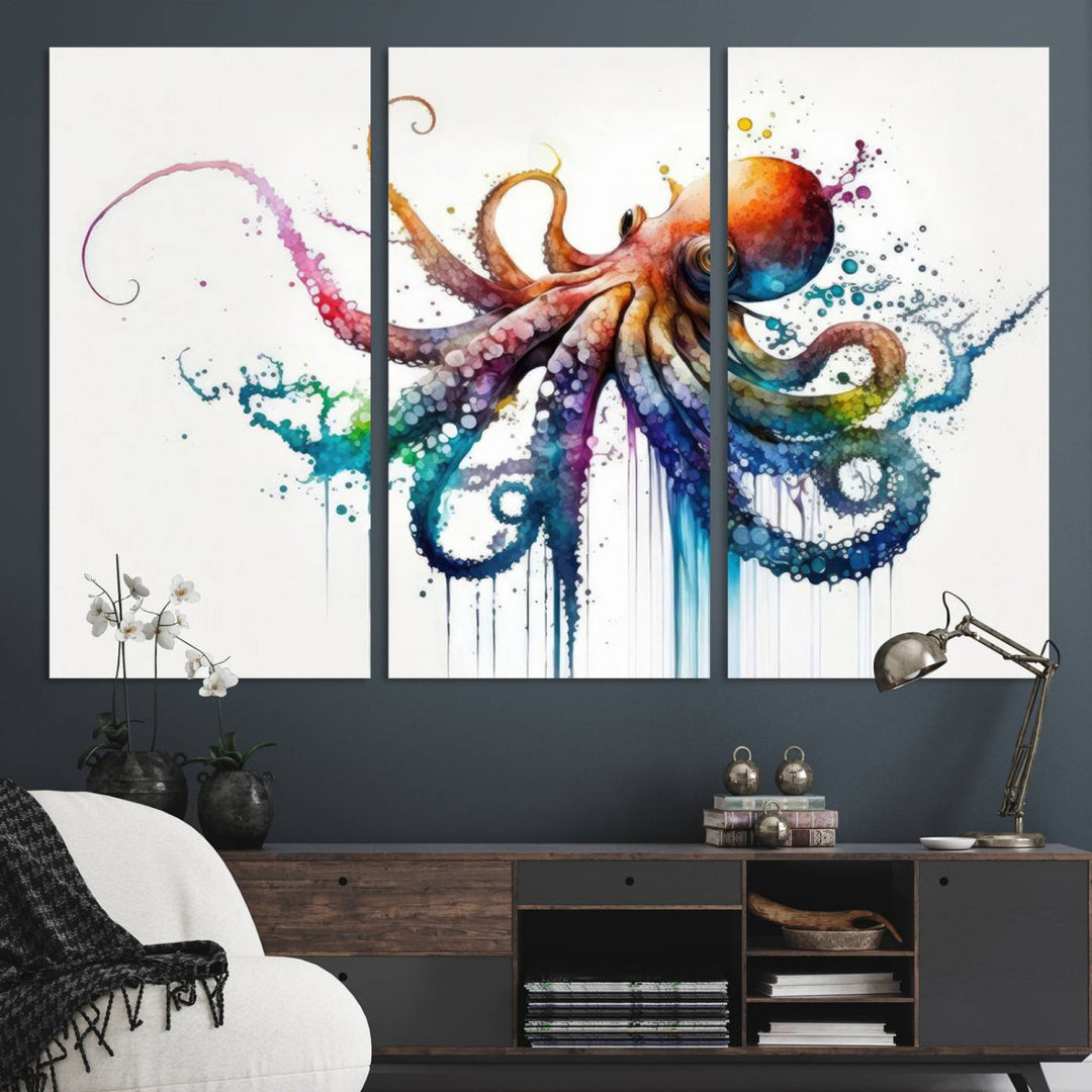 Watercolor Vibrant Octopus Wall Art Canvas Print | Abstract Sea Life Art | Colorful Marine Creature Decor | Ready to Hang