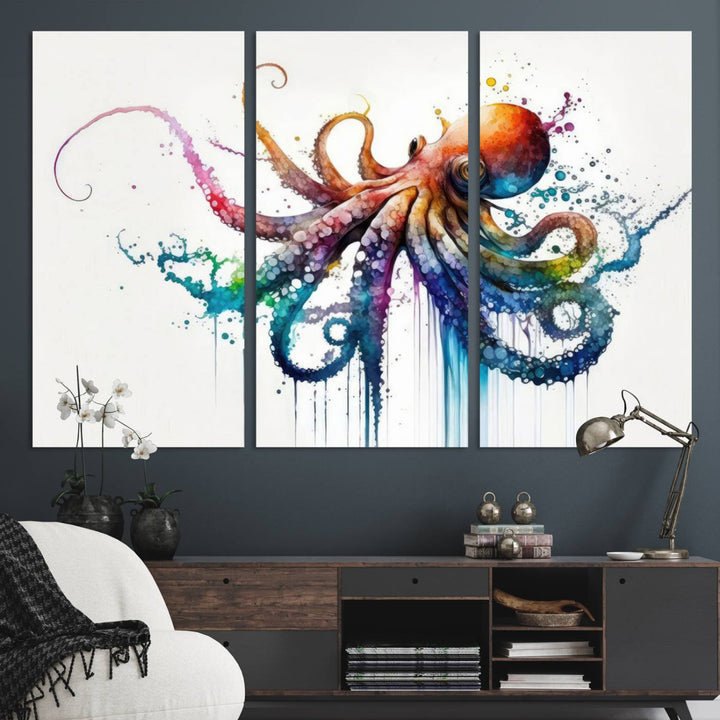 Watercolor Vibrant Octopus Wall Art Canvas Print | Abstract Sea Life Art | Colorful Marine Creature Decor | Ready to Hang