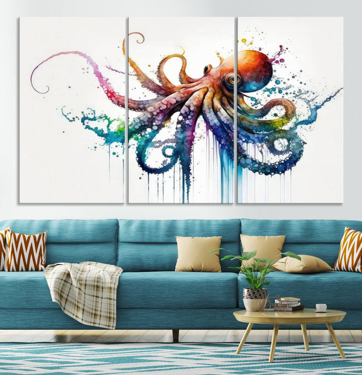 Watercolor Vibrant Octopus Wall Art Canvas Print | Abstract Sea Life Art | Colorful Marine Creature Decor | Ready to Hang