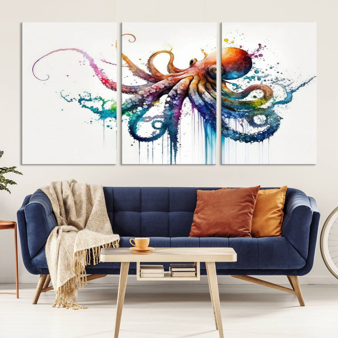 Watercolor Vibrant Octopus Wall Art Canvas Print | Abstract Sea Life Art | Colorful Marine Creature Decor | Ready to Hang