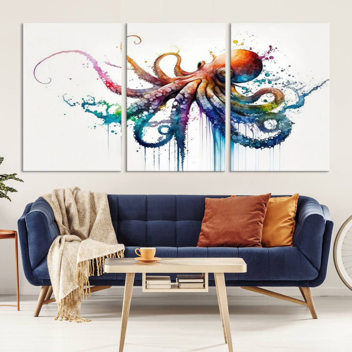Watercolor Vibrant Octopus Wall Art Canvas Print | Abstract Sea Life Art | Colorful Marine Creature Decor | Ready to Hang