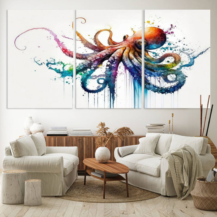 Watercolor Vibrant Octopus Wall Art Canvas Print | Abstract Sea Life Art | Colorful Marine Creature Decor | Ready to Hang