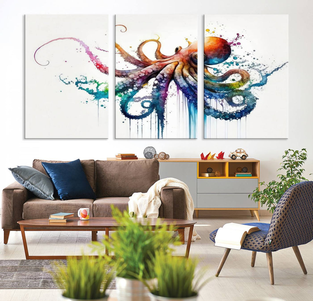 Watercolor Vibrant Octopus Wall Art Canvas Print | Abstract Sea Life Art | Colorful Marine Creature Decor | Ready to Hang