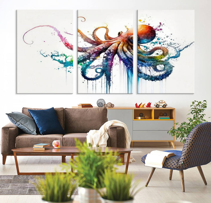 Watercolor Vibrant Octopus Wall Art Canvas Print | Abstract Sea Life Art | Colorful Marine Creature Decor | Ready to Hang