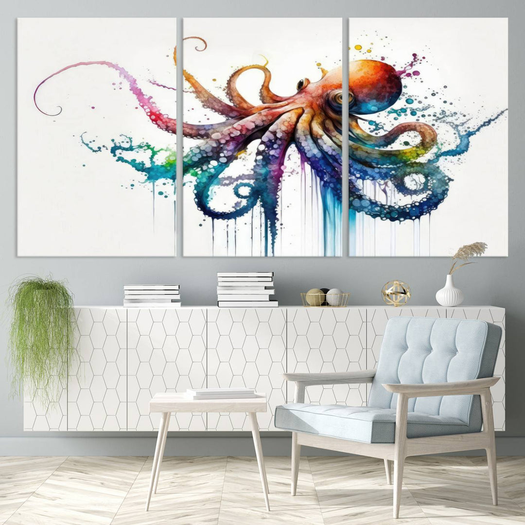 Watercolor Vibrant Octopus Wall Art Canvas Print | Abstract Sea Life Art | Colorful Marine Creature Decor | Ready to Hang
