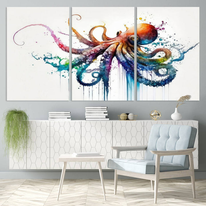 Watercolor Vibrant Octopus Wall Art Canvas Print | Abstract Sea Life Art | Colorful Marine Creature Decor | Ready to Hang