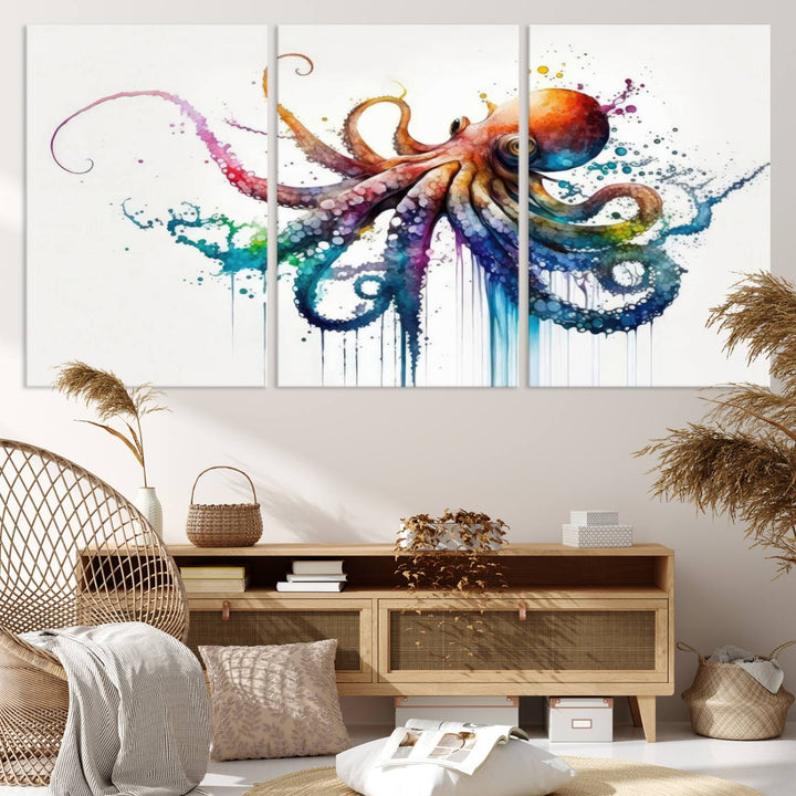 19374-MGV-CV-36X24-Watercolor Vibrant Octopus Wall Art Canvas Print | Abstract Sea Life Art | Colorful Marine Creature Decor | Ready to Hang