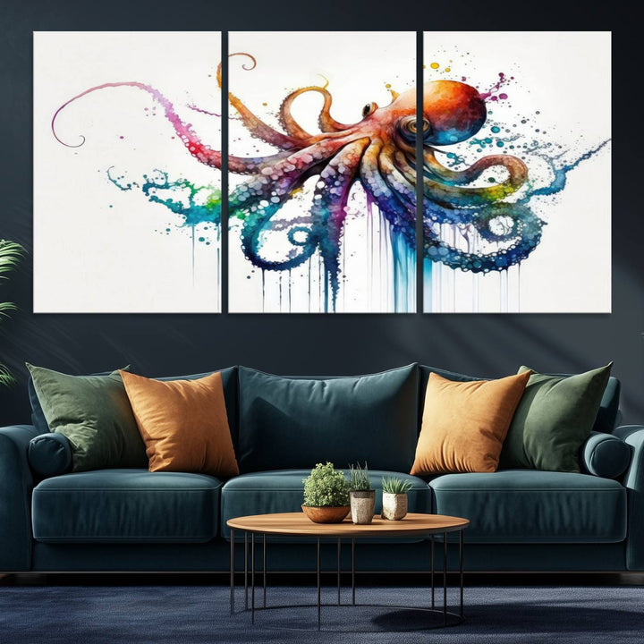 19374-MGV-CV-36X24-Watercolor Vibrant Octopus Wall Art Canvas Print | Abstract Sea Life Art | Colorful Marine Creature Decor | Ready to Hang