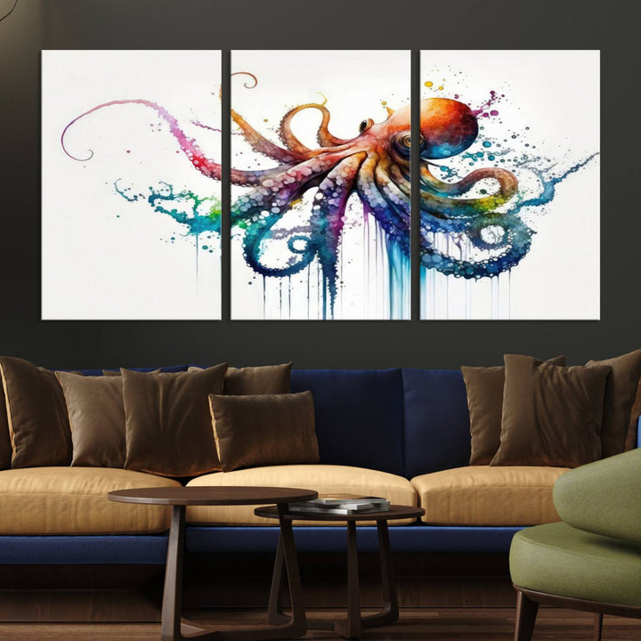 19374-MGV-CV-36X24-Watercolor Vibrant Octopus Wall Art Canvas Print | Abstract Sea Life Art | Colorful Marine Creature Decor | Ready to Hang