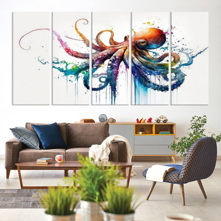 19374-MGV-CV-36X24-Watercolor Vibrant Octopus Wall Art Canvas Print | Abstract Sea Life Art | Colorful Marine Creature Decor | Ready to Hang