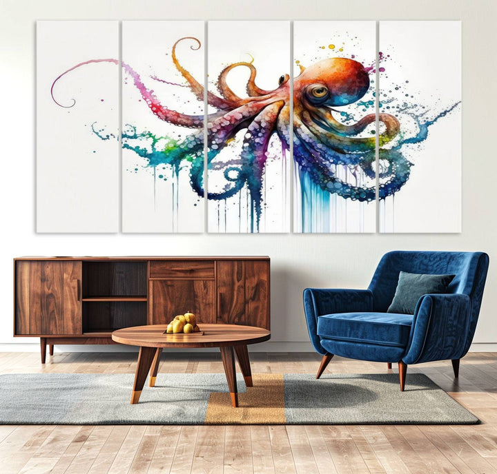 19374-MGV-CV-36X24-Watercolor Vibrant Octopus Wall Art Canvas Print | Abstract Sea Life Art | Colorful Marine Creature Decor | Ready to Hang
