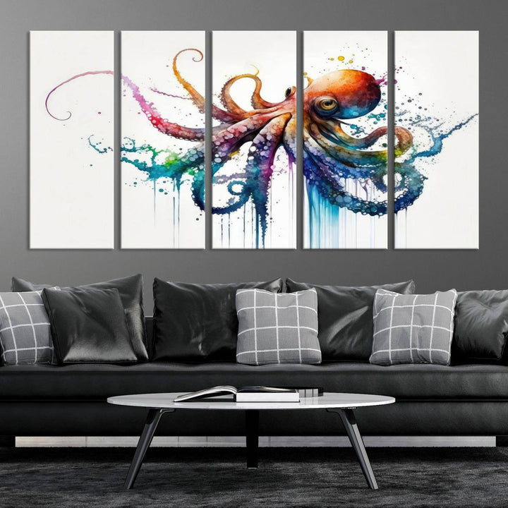 19374-MGV-CV-36X24-Watercolor Vibrant Octopus Wall Art Canvas Print | Abstract Sea Life Art | Colorful Marine Creature Decor | Ready to Hang