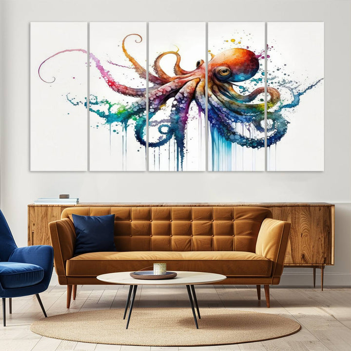19374-MGV-CV-36X24-Watercolor Vibrant Octopus Wall Art Canvas Print | Abstract Sea Life Art | Colorful Marine Creature Decor | Ready to Hang