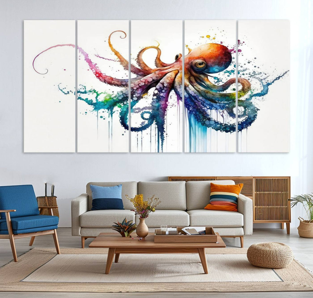 19374-MGV-CV-36X24-Watercolor Vibrant Octopus Wall Art Canvas Print | Abstract Sea Life Art | Colorful Marine Creature Decor | Ready to Hang