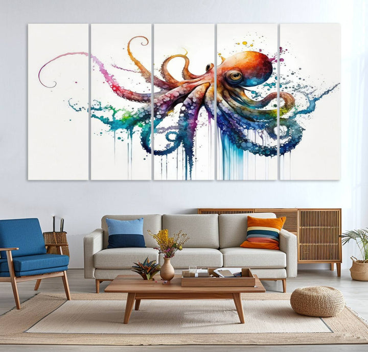 19374-MGV-CV-36X24-Watercolor Vibrant Octopus Wall Art Canvas Print | Abstract Sea Life Art | Colorful Marine Creature Decor | Ready to Hang