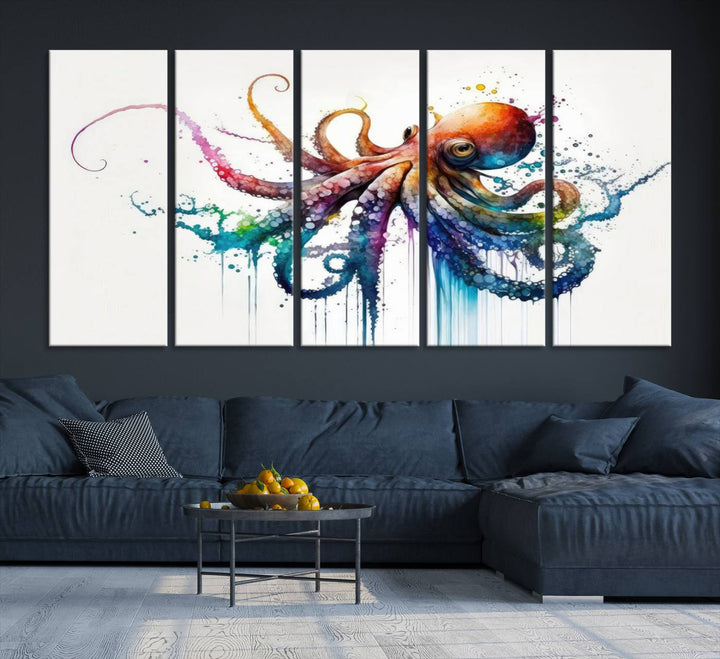 19374-MGV-CV-36X24-Watercolor Vibrant Octopus Wall Art Canvas Print | Abstract Sea Life Art | Colorful Marine Creature Decor | Ready to Hang