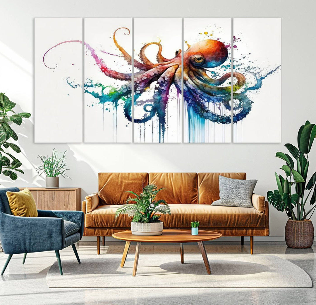 19374-MGV-CV-36X24-Watercolor Vibrant Octopus Wall Art Canvas Print | Abstract Sea Life Art | Colorful Marine Creature Decor | Ready to Hang
