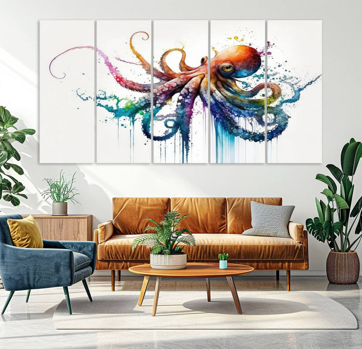 19374-MGV-CV-36X24-Watercolor Vibrant Octopus Wall Art Canvas Print | Abstract Sea Life Art | Colorful Marine Creature Decor | Ready to Hang