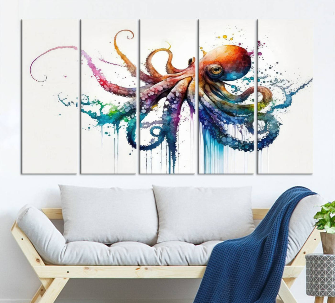 19374-MGV-CV-36X24-Watercolor Vibrant Octopus Wall Art Canvas Print | Abstract Sea Life Art | Colorful Marine Creature Decor | Ready to Hang