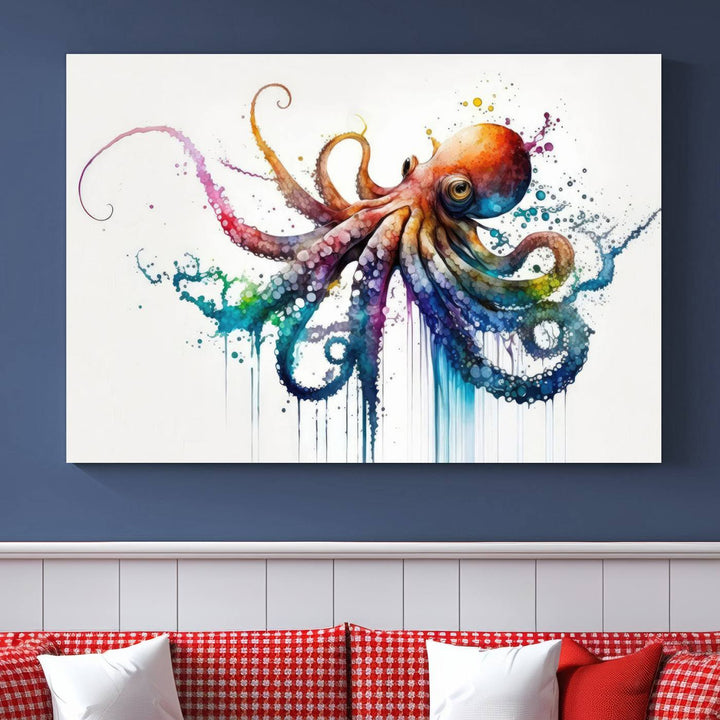 Watercolor Vibrant Octopus Wall Art Canvas Print | Abstract Sea Life Art | Colorful Marine Creature Decor | Ready to Hang