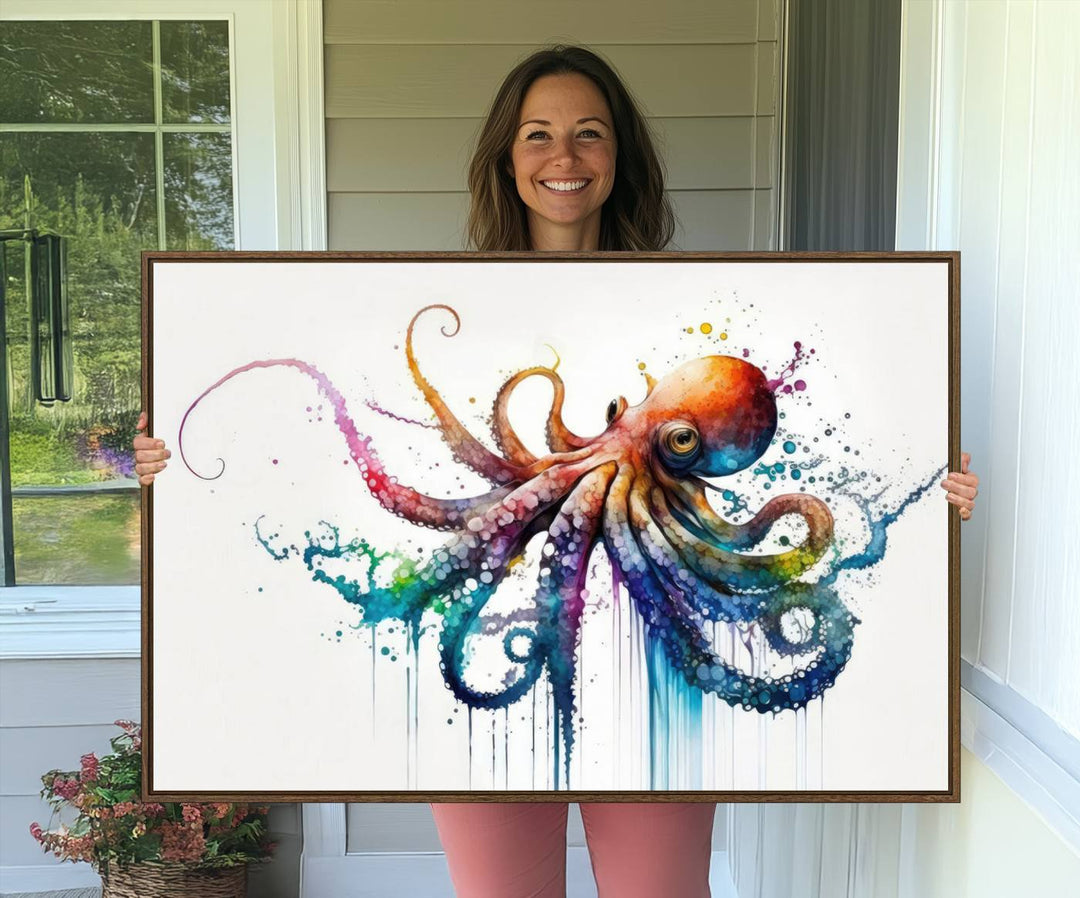 19374-MGV-CV-36X24-Watercolor Vibrant Octopus Wall Art Canvas Print | Abstract Sea Life Art | Colorful Marine Creature Decor | Ready to Hang