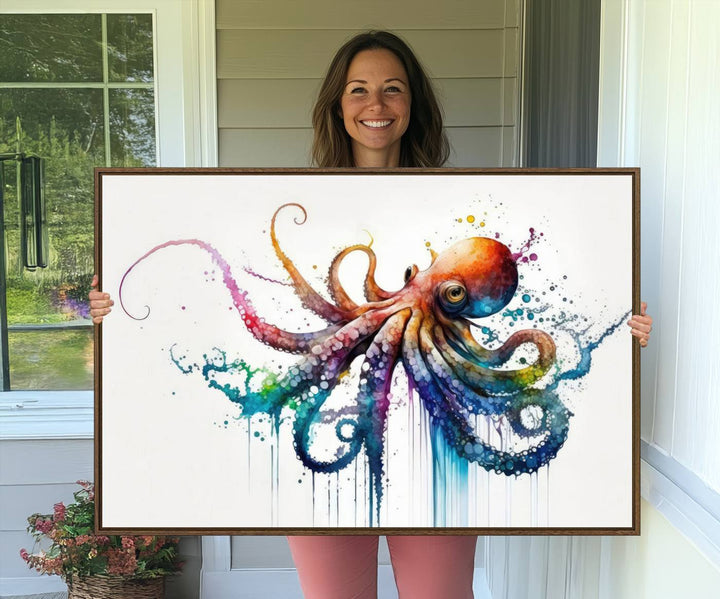 19374-MGV-CV-36X24-Watercolor Vibrant Octopus Wall Art Canvas Print | Abstract Sea Life Art | Colorful Marine Creature Decor | Ready to Hang