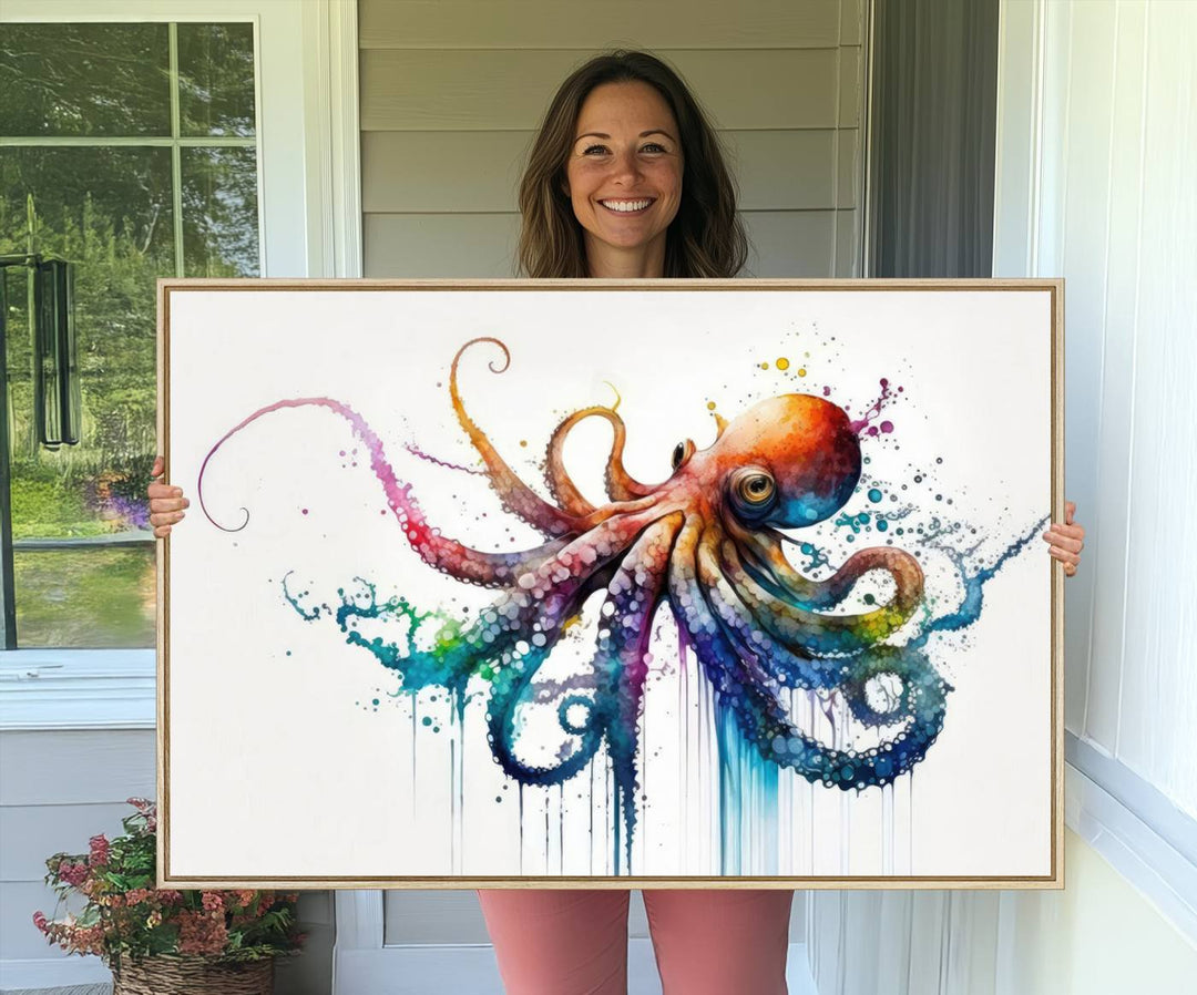 19374-MGV-CV-36X24-Watercolor Vibrant Octopus Wall Art Canvas Print | Abstract Sea Life Art | Colorful Marine Creature Decor | Ready to Hang
