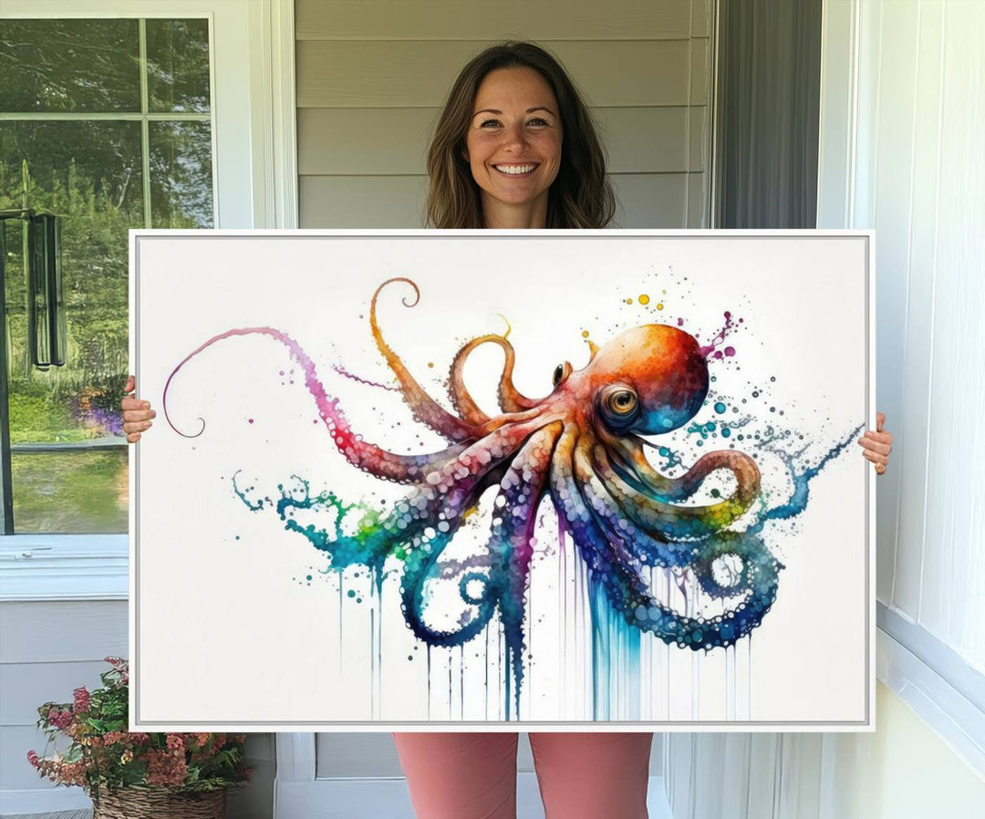 19374-MGV-CV-36X24-Watercolor Vibrant Octopus Wall Art Canvas Print | Abstract Sea Life Art | Colorful Marine Creature Decor | Ready to Hang