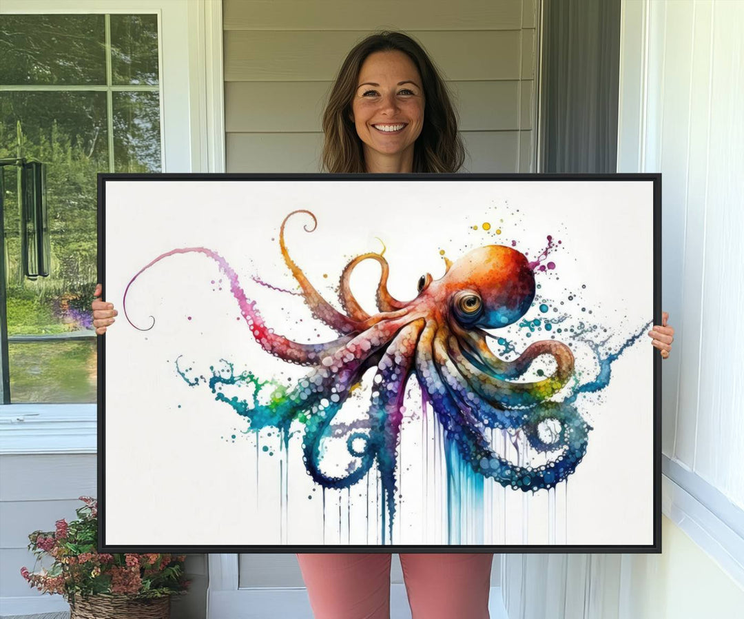 19374-MGV-CV-36X24-Watercolor Vibrant Octopus Wall Art Canvas Print | Abstract Sea Life Art | Colorful Marine Creature Decor | Ready to Hang