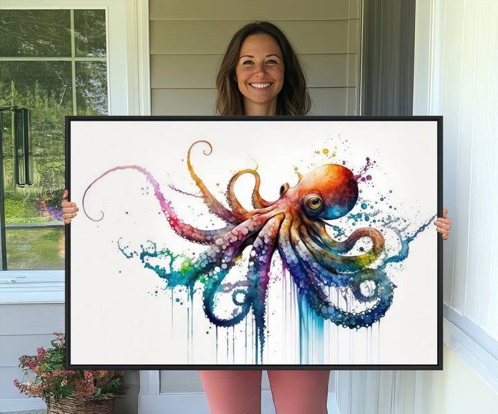 19374-MGV-CV-36X24-Watercolor Vibrant Octopus Wall Art Canvas Print | Abstract Sea Life Art | Colorful Marine Creature Decor | Ready to Hang