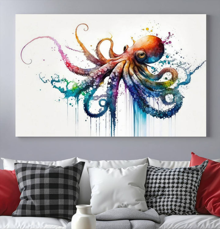 Watercolor Vibrant Octopus Wall Art Canvas Print | Abstract Sea Life Art | Colorful Marine Creature Decor | Ready to Hang